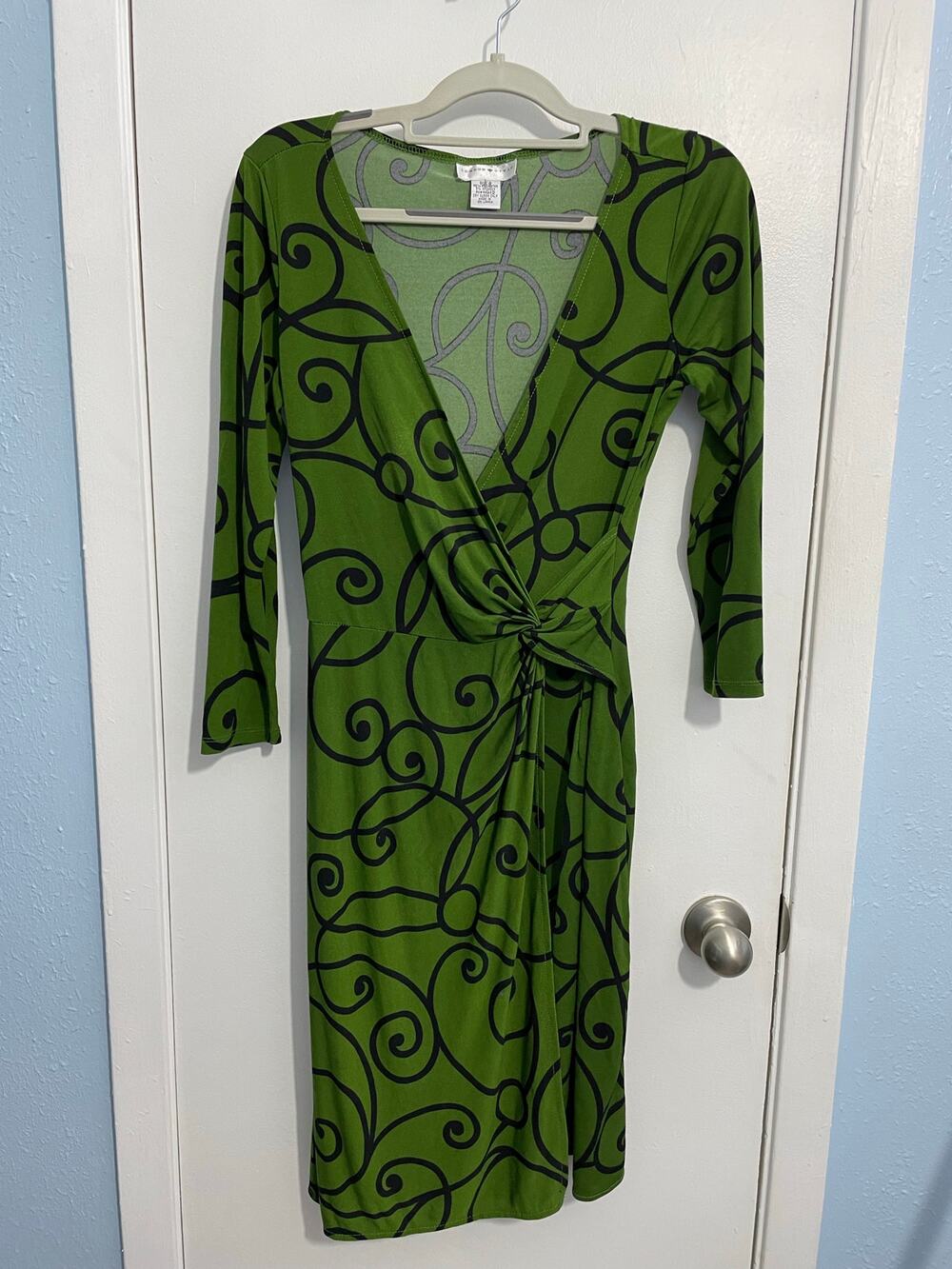 Y2K VTG London Style Dress Size 8 Green Faux Wrap 3/4 Sleeve Office Siren Twee